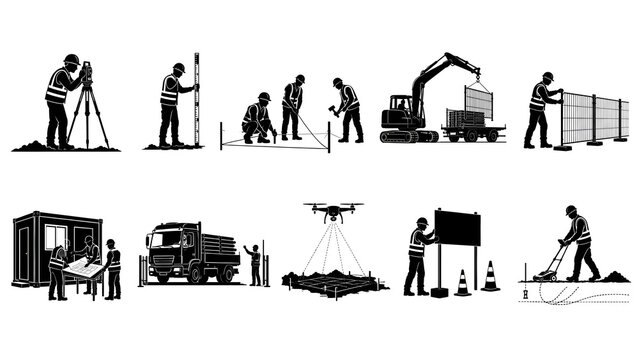 Construction Site Preparation Silhouette Set &ndash; Land Surveying, Layout Marking, Temporary Fencing, Site Office and Ground Scanning