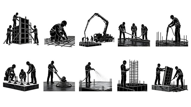 Concrete Foundation Construction Silhouette Set &ndash; Formwork, Rebar, Concrete Pumping, Screeding, Vibration and Curing