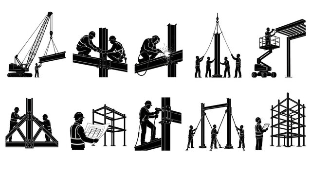 Structural Steel Erection Silhouette Set &ndash; Beam Lifting, Bolting, Welding, Column Installation and Frame Assembly