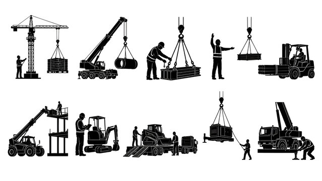 Construction Lifting Operations Silhouette Set &ndash; Tower Crane, Mobile Crane, Rigging, Forklift and Heavy Equipment Handling
