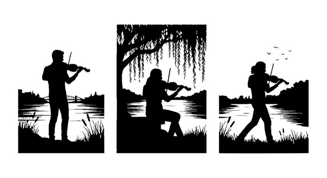 Silhouettes of musicians playing violins by the lake.