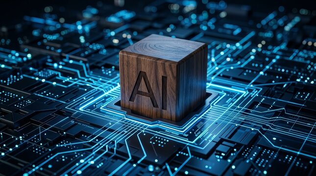 Wooden block with AI engraving on illuminated circuit board