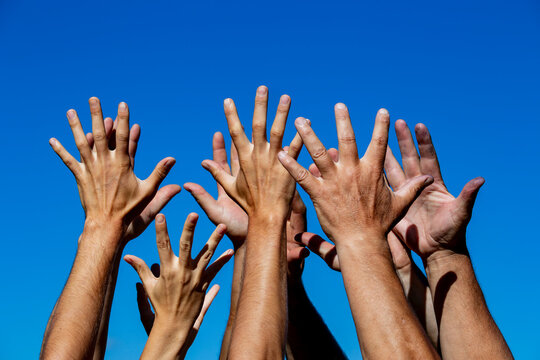 Many human hands raised up against clear blue sky. Group of diverse human hands raised together towards bright blue sky representing teamwork, unity, volunteer community and collective success