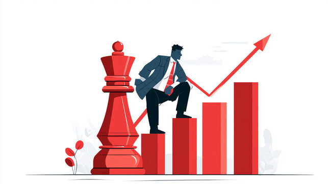 A powerful illustration of success in business, showcasing a businessman standing confidently on a chess piece next to upward-trending graphs, symbolizing strategic growth and achi