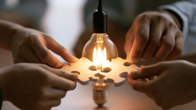 Hands of multiple people work together to connect puzzle pieces above a glowing light bulb, symbolizing teamwork, creativity, and innovative ideas in a collaborative environment.