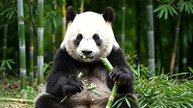 Giant Panda Eating Bamboo in a Lush Forest Environment.