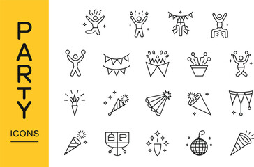 Fototapeta premium Party icons, celebration vector set, line art party elements, confetti icons, fun doodles, event symbols, dance, music, drink, joy