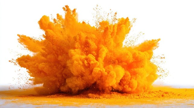 Explosion of bright orange powder on white background