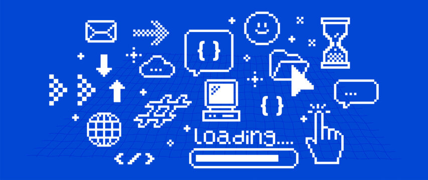 Retro Y2K pixel tech interface background with computer, cursor, cloud, loading bar, file folder, globe and coding symbols. 8-bit vector design for web, UI, landing pages and digital workflows