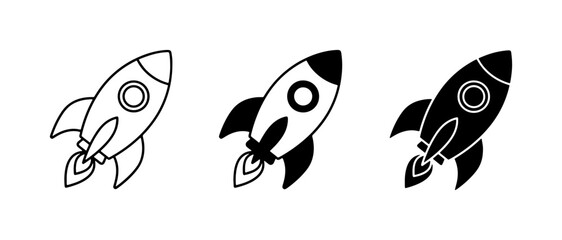 Rocket Ship Icons: Three Styles of Spacecraft Launch, Vector Graphics for Exploration and Innovation © Munia