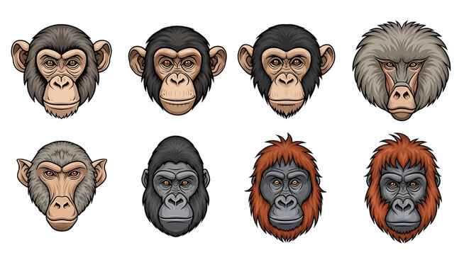 Eight detailed illustrations of various primate faces including monkeys and apes