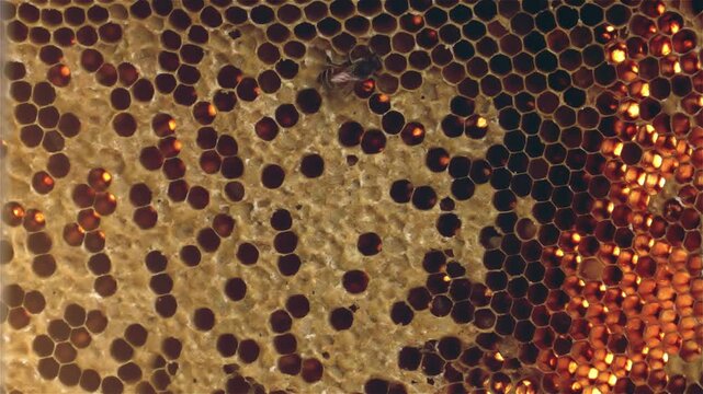 Macro view of a honeycomb with dark brood cells and glowing honey as a honeybee moves across the wax comb surface