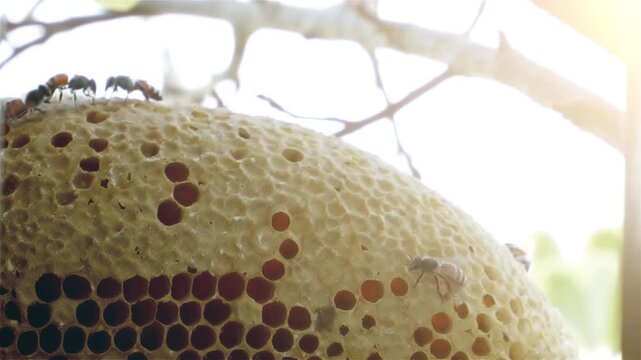 Close-up of honey bees crawling over a natural honeycomb hanging on a tree branch in warm sunlight, showing open wax cells and gentle insect movement