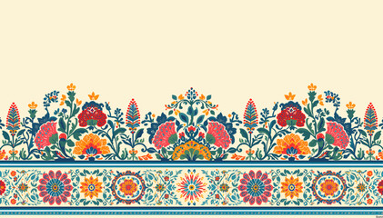 Vibrant traditional Indian floral border design with intricate botanical patterns and decorative elements on a light background. © awas