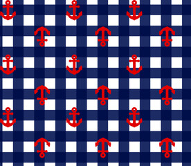 Classic nautical seamless pattern with red anchors on navy blue and white gingham check background. © dan