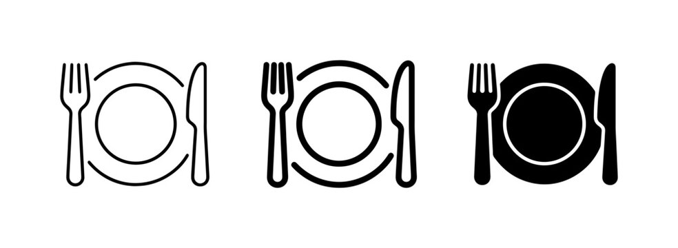 Minimalist restaurant icons set, plate with fork and knife vector, black and white dining symbols for food menus