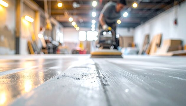Industrial floor polishing with reflective concrete surface.