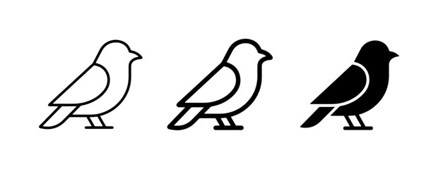 Fototapeta premium Minimalist bird icon set, black line and solid sparrow vector symbols, simple avian wildlife logo elements for branding