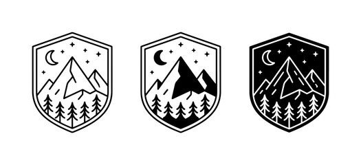 Obraz premium Vintage mountain badge set, outdoor adventure emblems, 3 vector nature logos with forest and moon