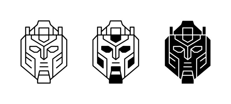 Robot head vector icons, futuristic cyborg face mask set, geometric mechanical droid head illustrations