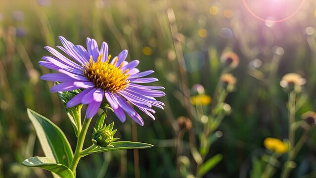 Purple aster flower blooming in a sunny summer meadow.
