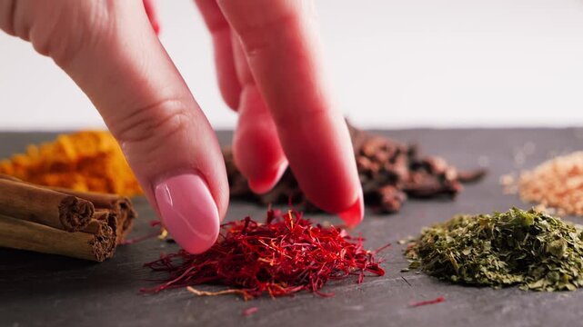 Hand picking saffron from table with assorted aromatic spices. Culinary ingredients and oriental seasoning concept. High quality 4k footage