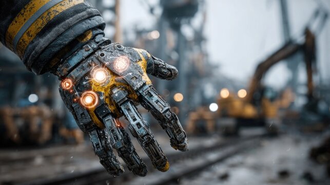 Professional engineer wearing a haptic exoskeleton suit lifting heavy industrial equipment with glowing power icons representing human augmentation and safety technology in manufacturing 