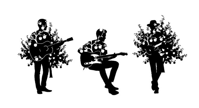 Silhouettes of musicians playing guitars with floral designs.