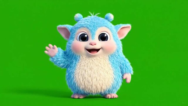 Funny cartoon character waving hello on a green screen animation, a cute blue furry creature with big eyes
