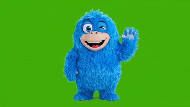 Funny cartoon character green screen animation of a blue furry monster waving hello with a wink, perfect for creative