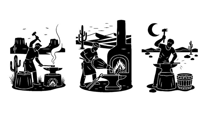 Silhouette illustrations of blacksmiths and workers at night.