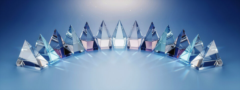 Arc of triangular glass crystal prisms reflecting light on blue background with triangular refraction background transparent geometry geometric abstract structure reflection composition