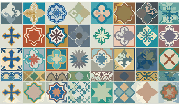 Traditional Spanish Portuguese Ceramic Tile Pattern Set with Colorful Azulejo Mosaic Vector Collection