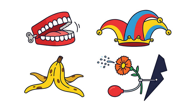 Collection of Classic Prank and Joke Props Including Chattering Teeth and Jester Hat Illustration