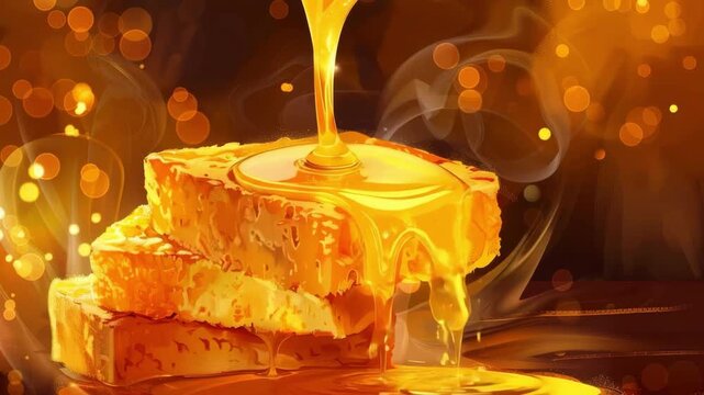 Golden honeycomb with warm honey dripping down in glowing light, natural sweet food, organic apiary product, rich amber texture.