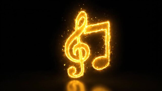 Glowing Music Notes on Black Background with Reflection, Fiery Treble Clef and Eighth Note Symbol, Animated Musical Element.