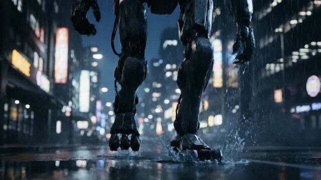 Giant robot walking through a futuristic city at night, splashing water.