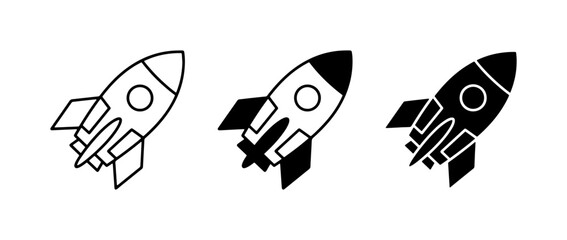 Rocket Ship Icons: Simple Line Art, Filled Silhouette, and Bold Black Design for Space Exploration and Startup Concepts © Abir