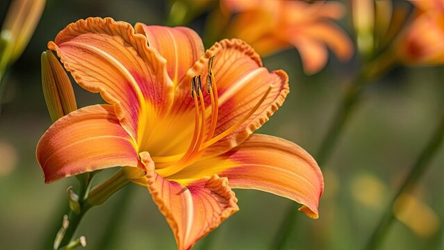Bright orange daylily flower blooming in sunlight.