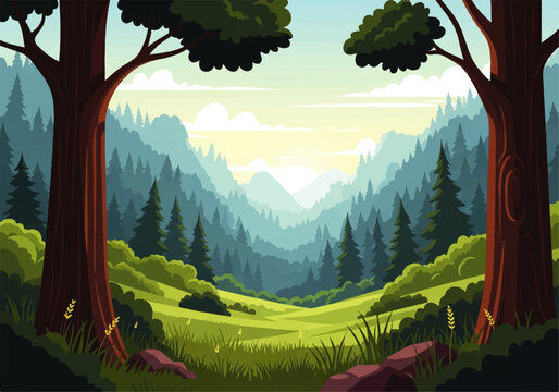 Vector flat design illustration of a serene mountain valley landscape with lush green forests and rolling hills