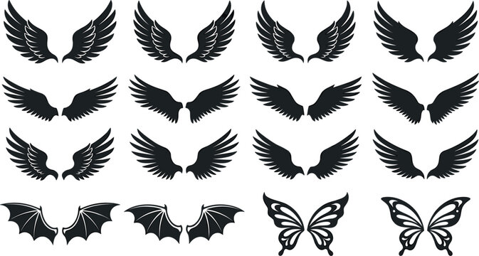 Angel and Demon Wings Silhouette Set with Bird Feathery Wings Bat Dragon and Butterfly Wing Symbols for Tattoo Design Graphic Vector Illustrations