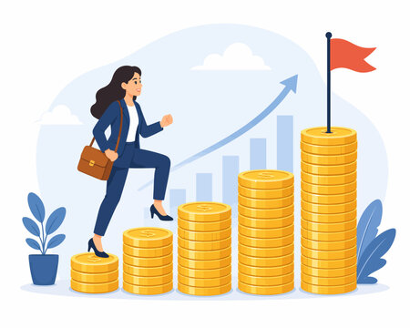 Businesswoman Climbing Golden Coin Steps