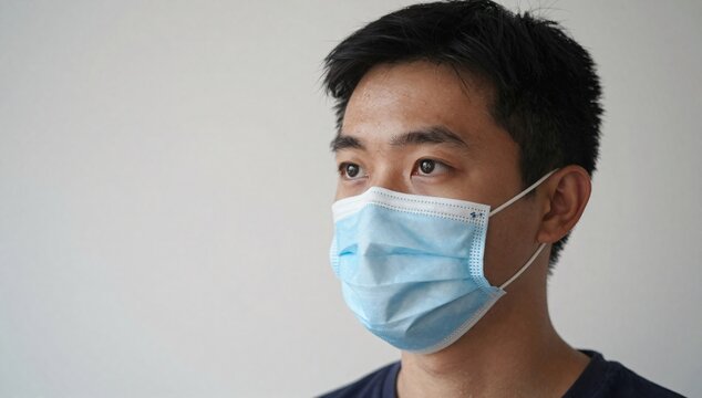 Asian man with a surgical mask looks to the side with a neutral background