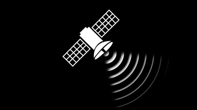 Abstract Satellite icon, communication satellite logo, space icon, telecoms on black background animated. glowing neon satellite dish animation icon signal internet network tower animated signs symbol
