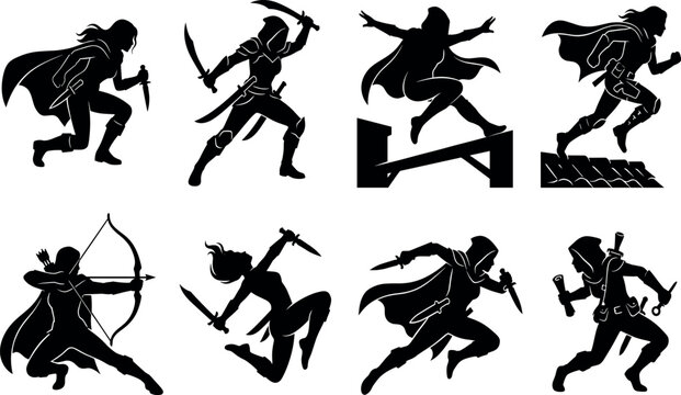 Dynamic rogue and assassin silhouettes in agile combat and stealth action poses
