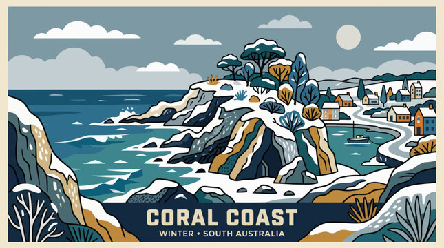 Coastal village winter landscape
