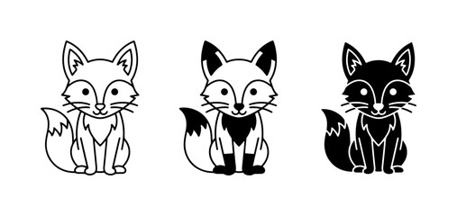 Obraz premium Cute Fox Icons Set: Line Art, Filled Silhouette, and Black & White Vector Graphics for Wildlife Designs