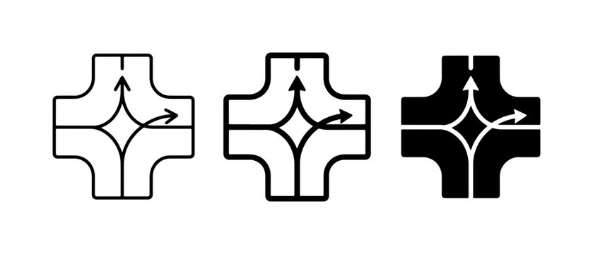 Crossroad Intersection Icons, Traffic Flow Symbols, Road Junction Vector Set