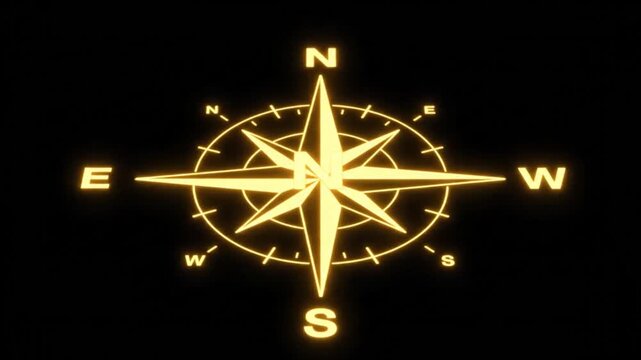 Glowing Neon Compass Rose Navigation Tool on Black Background.