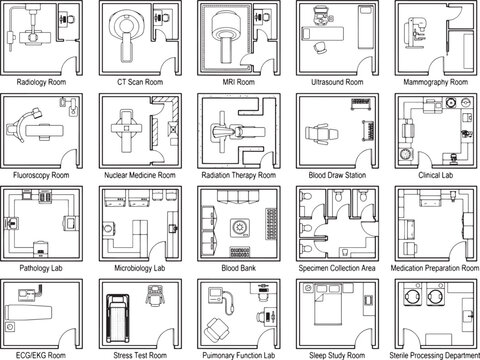 A comprehensive collection of medical room floor plan layouts, including radiology, CT scan, MRI, ultrasound, mammography, fluoroscopy, nuclear medicine, radiation therapy, blood draw station.